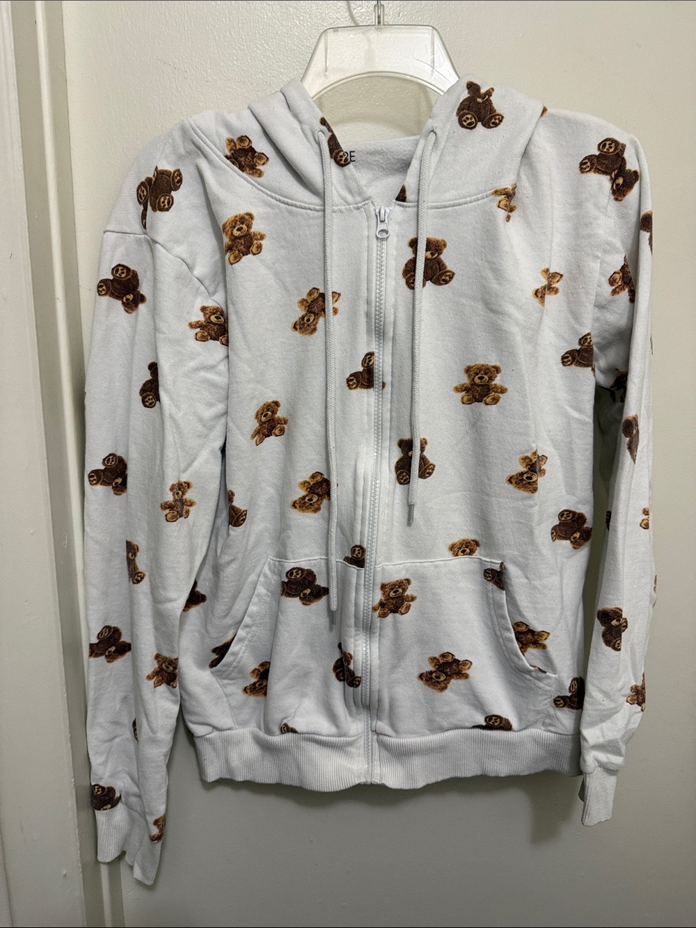 On Fire White Zip-Up Hoodie with Brown Teddy Bear Print
